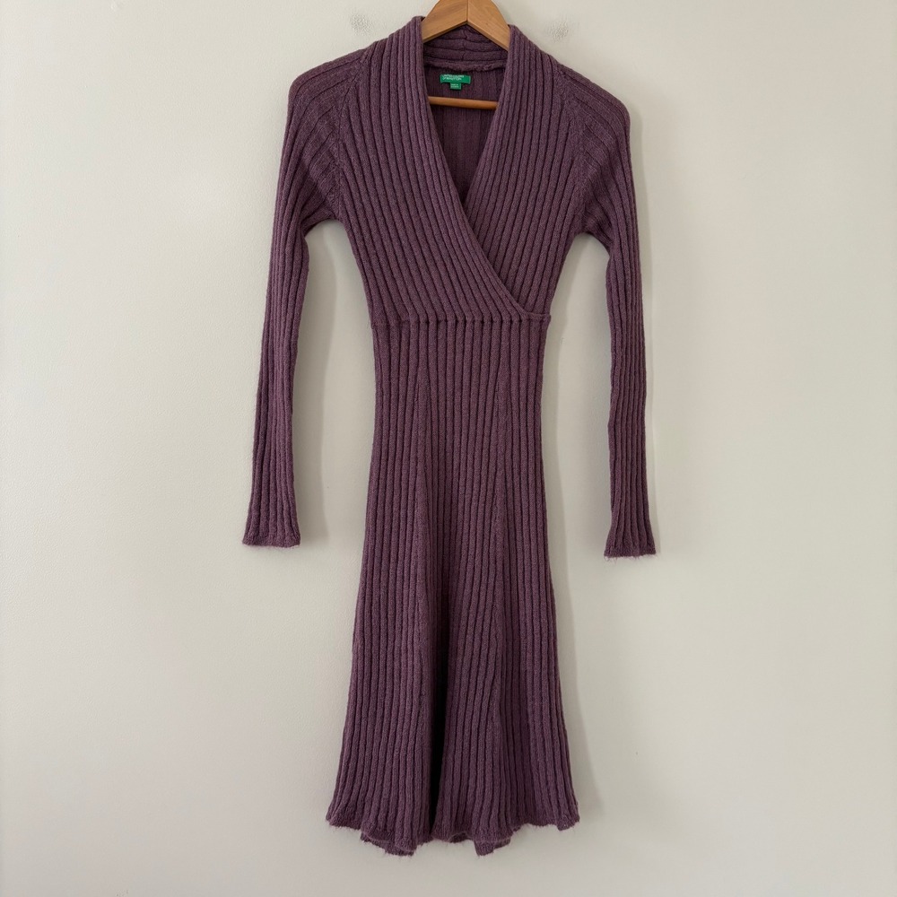 United Colors of Benetton Sweater Dress S Purple Ribbed Mohair Wrap V-Neck Midi